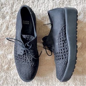 Eileen Fisher Oath Lug Sole Platform Woven Nubuck Oxford Shoes In Black Size 10